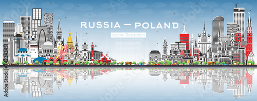 Russia and Poland skyline with gray buildings, blue sky and reflections. Famous landmarks. Poland and Russia concept. Diplomatic relations between countries.