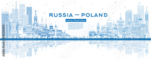 Outline Russia and Poland skyline with blue buildings and reflections. Famous landmarks. Poland and Russia concept. Diplomatic relations between countries.