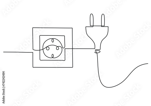 Continuous line art drawing of a plug inserted into an electric outlet in a minimalist black linear design. Isolated on a white background. Vector illustration electrical socket.