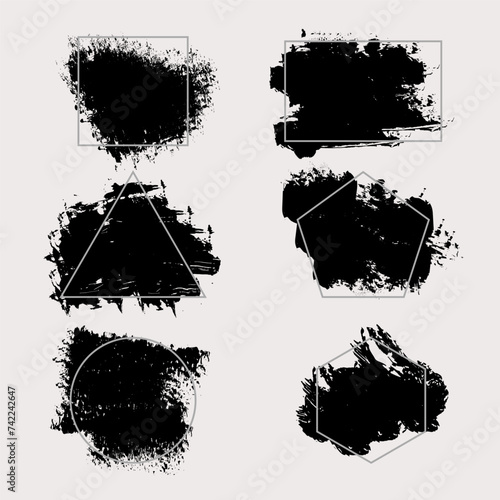 Brush paint strokes. Texture brushes and modern grunge brush lines. Ink brush artistic design element for frame design. Vector isolated elements set. Grungy black swatches. Rough smears and stains