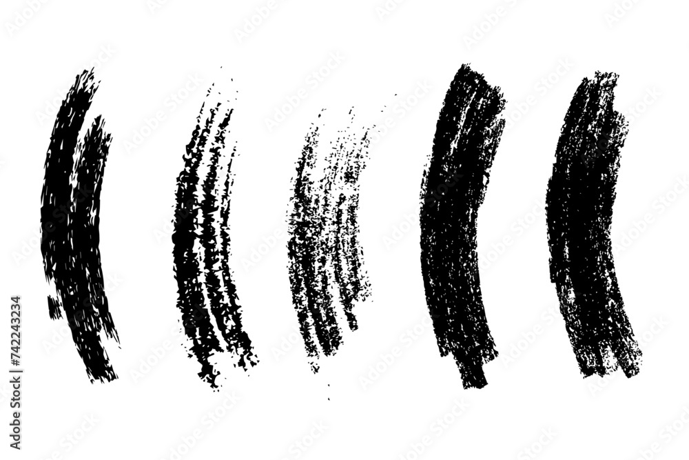Vector black paint brush spots, highlighter lines or felt-tip pen marker horizontal blobs. Marker pen or brushstrokes and dashes. Ink smudge abstract shape stains and smear set with texture - obrazy, fototapety, plakaty 