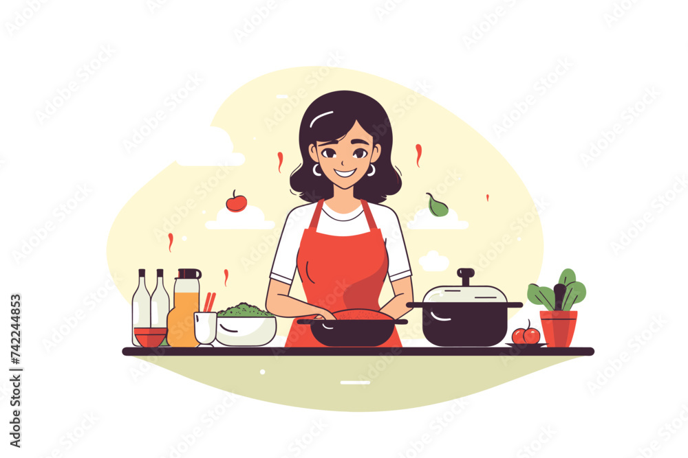 smiling woman cooking at kitchen vector illustration smiling woman cooking at kitchen vector illustration