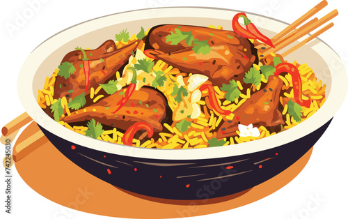 spicy chicken biryani with roasted pieces and lemon vector illustration on isolated white background