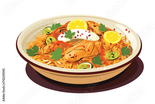 spicy chicken biryani with roasted pieces and lemon vector illustration on isolated white background