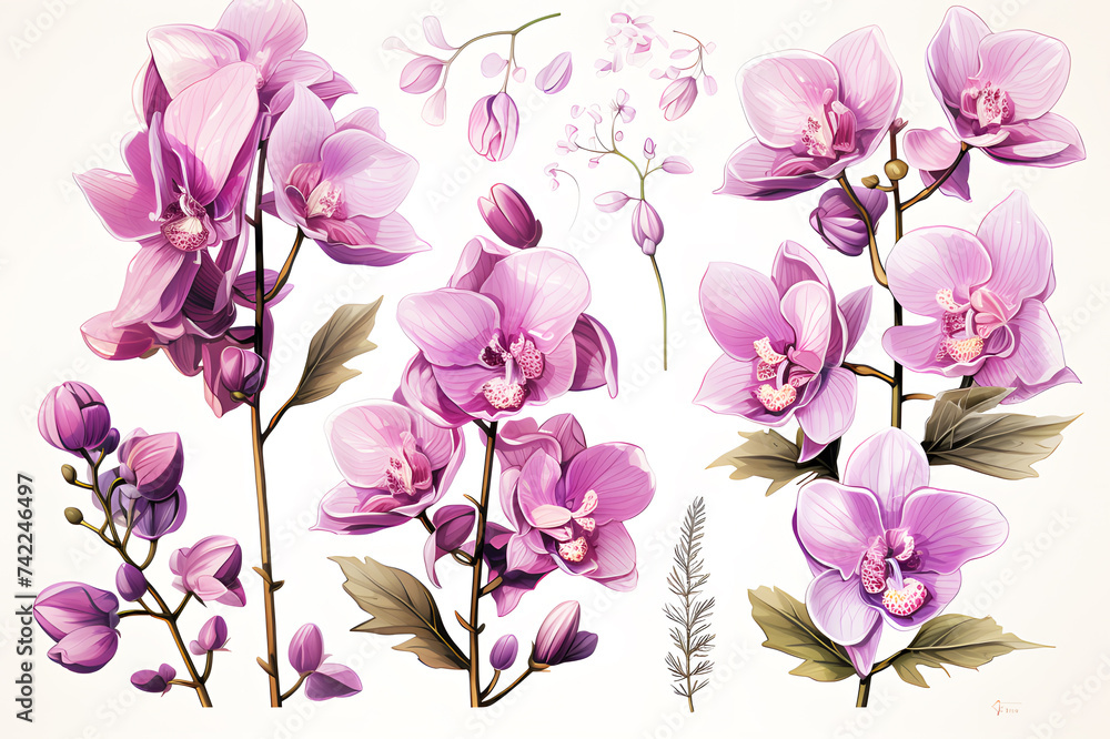 Picture draw by watercolor purple Orchid watercolor flower on white ...