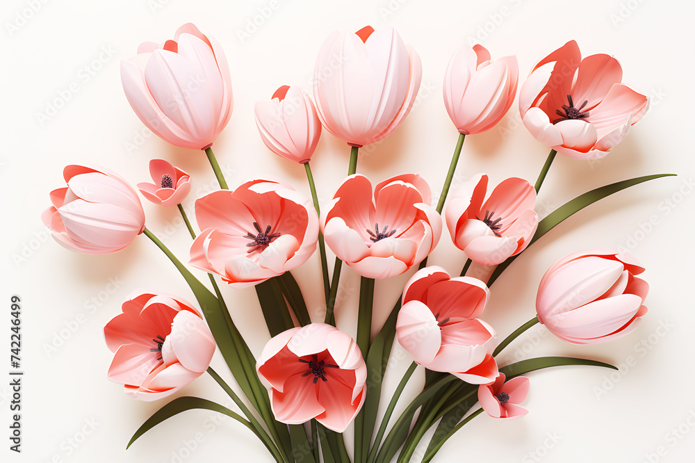 Picture draw by watercolor of flowers tulip light pink with green leaves on white background. Realistic clipart template pattern. Background Abstract Texture. Work of art.	