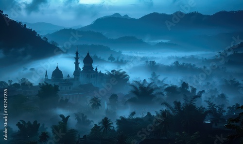 An ancient mosque perched atop a hill, overseeing a mist-filled valley during the serene blue hour of early morning