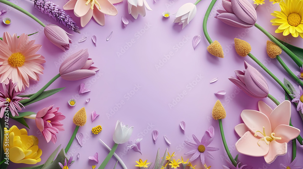 Spring season background. Plain background with colorful spring flower frame Spring season background. Plain background with colorful spring flower frame
