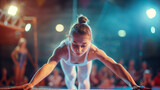 Focused Female Gymnast Performing Balance Beam Routine Under Dramatic Stage Lighting, Athletic Dedication and Concentration in Gymnastics, High-Resolution Competitive Sport Image