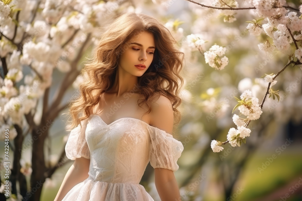 beautiful young woman in cute dress in spring orchard yard, happy summer time