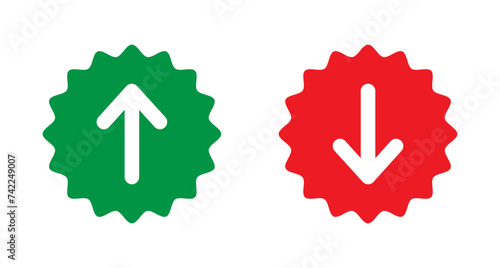 Green upload and red download mark badge on white background, increase and decrease vector symbol