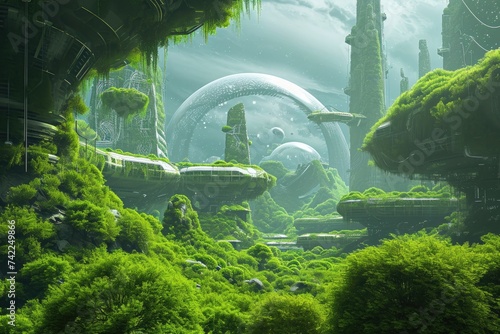 A Futuristic City Surrounded by Trees and Plants, An advanced alien civilization living in harmony with their lush, green planet, AI Generated
