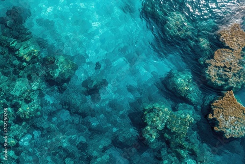 Aerial View of a Coral Reef in the Ocean, An aerial view of coral reefs under sparkling turquoise sea water, AI Generated