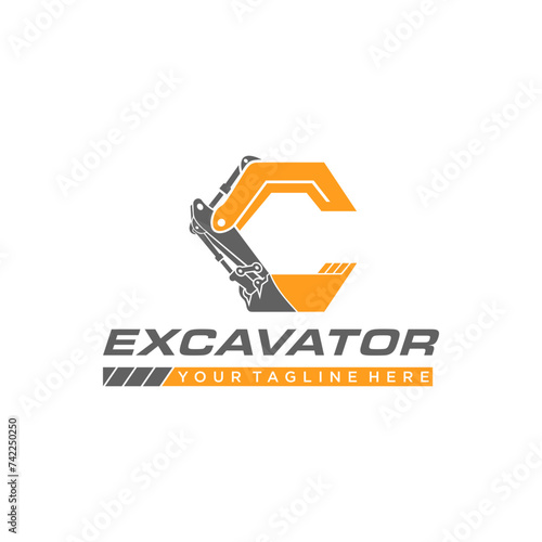 C logo excavator for construction company. Heavy equipment template vector illustration for your branding.