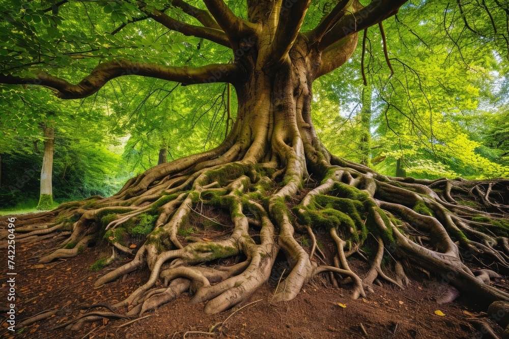 A towering tree with incredibly large roots dominates the scene in the midst of a dense forest, An ancient tree with large, twisted roots, AI Generated - obrazy, fototapety, plakaty 
