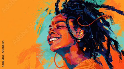 Illustrate of a woman dreadlocked and smiling face is posing, in the style of bold colors, dynamic lines, light orange and light black