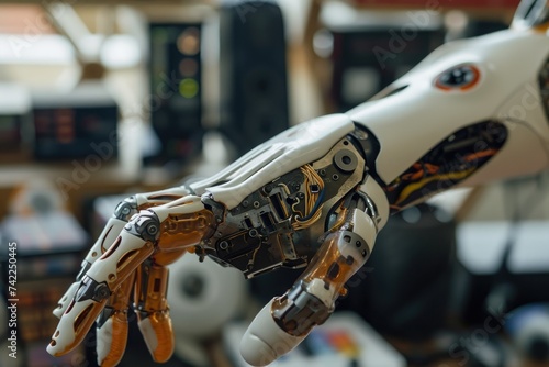 A robotic hand holds an object in a room, showcasing advanced technology and robotics in action, An AI-powered prosthetic limb, AI Generated