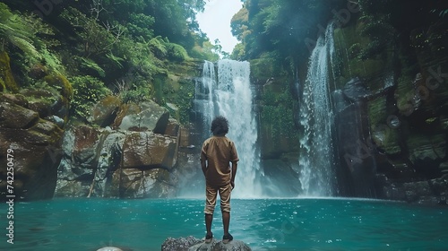 Woman Overlooking a Tropical Waterfall in the Style of Indonesian Art photo