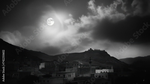 Photo of a full moon over an ancient Arab town, lomo photo, Lomography photo