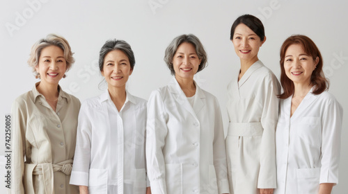 Beauty image of a group of middle aged Japanese women wearing natural color outfits Skin care Cosmetics