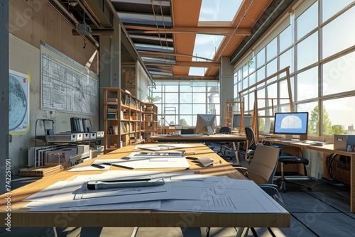 An image of a spacious room filled with numerous books and desks, showcasing a study or library setting, An architect's design studio showcasing advanced construction software, AI Generated © Ifti Digital