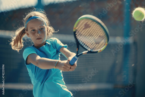 close view of a Tennis little girl player hitting a forehand shot