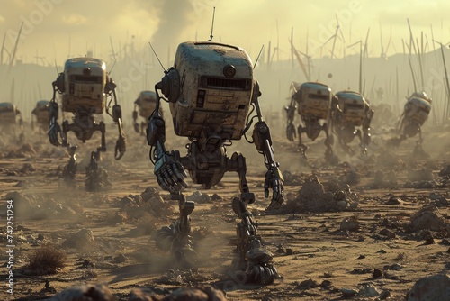 A collection of various robots surrounded by dirt and soil, engaging in different activities, An army of robots marching through a barren, post-apocalyptic wasteland, AI Generated photo