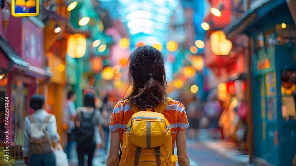 Woman Walking in Asian Themed Alley with Colorful Buildings in Japanese-Style Landscapes Woman Walking in Asian Themed Alley with Colorful Buildings in Japanese-Style Landscapes