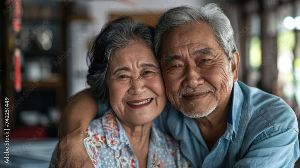 Portrait of couple of happy mature asian people in love hugging and looking at the camera smiling and having fun at home. Two cute seniors enjoying indoors together. Portrait of couple of happy mature asian people in love hugging and looking at the camera smiling and having fun at home. Two cute seniors enjoying indoors together.
