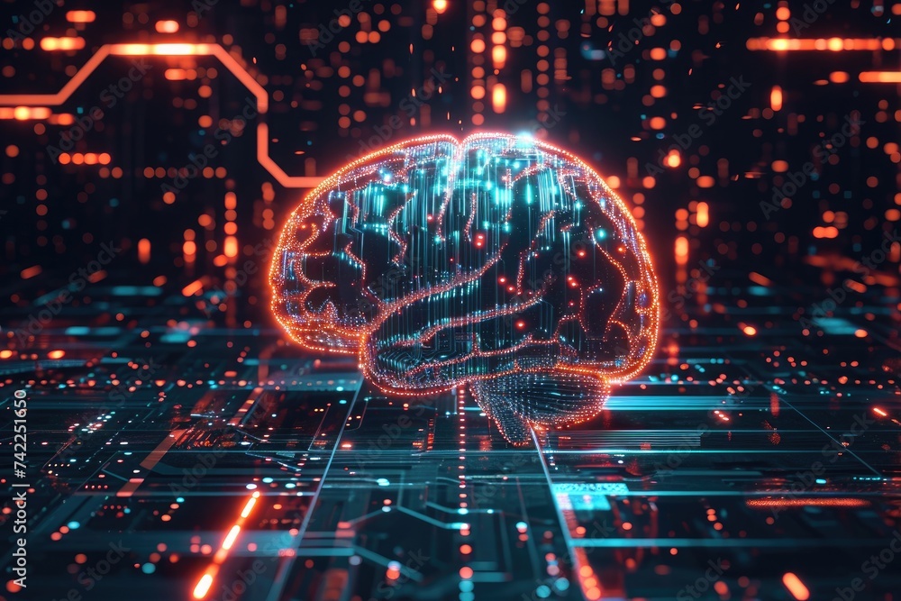 A detailed computer generated image showcasing the intricate structure of a human brain, An artificial intelligence brain overlaid on a technological background, AI Generated