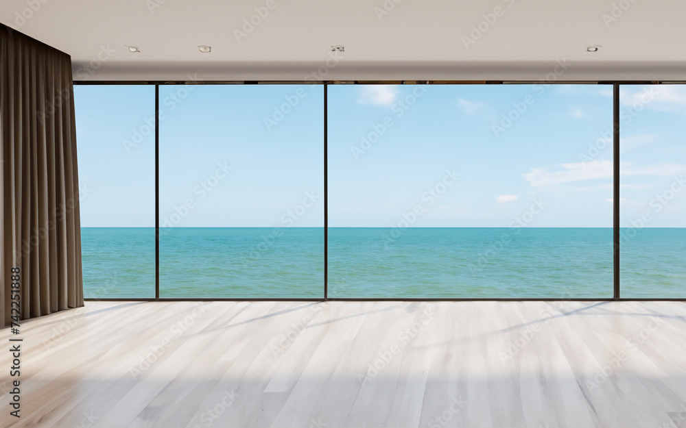 Sea view empty living room modern style, Big white wall background in vacation room