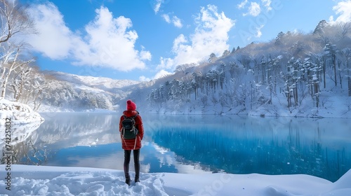 Winter Landscape of a Person Looking at a Frozen Lake in Japanese Inspired Style in Shirogane Blue Pond, Hokkaido, Japan photo