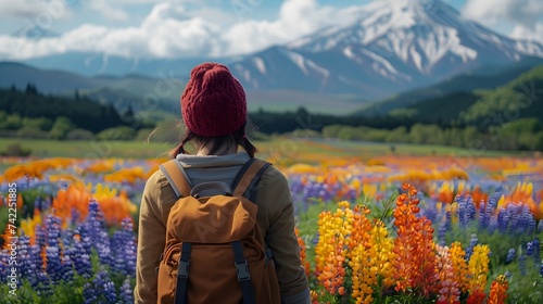 Backpacker Gazing at Colorful Flowers with Mountains in the Background in Furano Flower Fields, Hokkaido, Japan