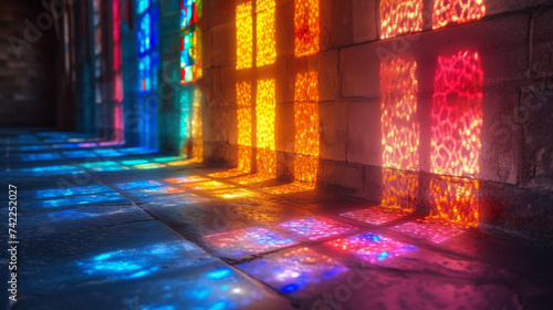 Closeup of vibrant stained gl casting colorful rays of light onto the stone walls of a centuriesold cathedral telling stories of the past.