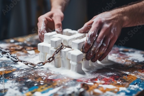 A person tightly grasping a chain around a solid block of white plastic material, An artist crafting blocks joined together by chains, a physical manifestation of blockchain technology, AI Generated