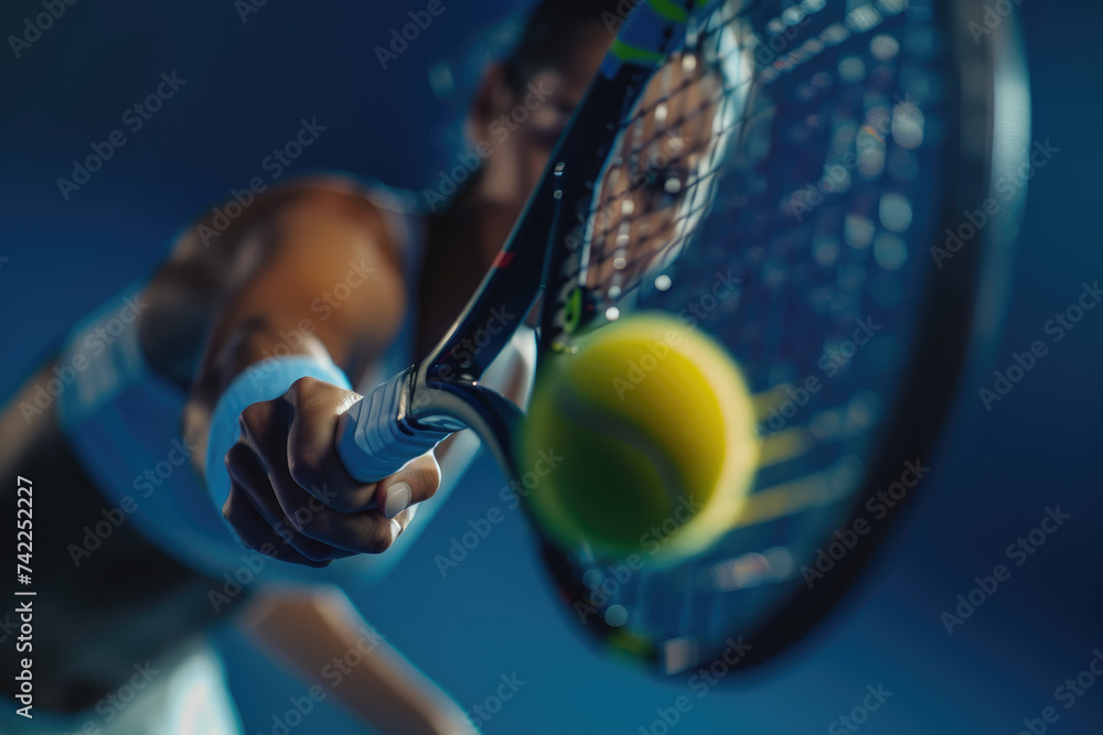 close view of a Tennis woman player hitting a forehand shot - obrazy, fototapety, plakaty 