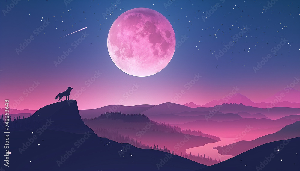Fototapeta premium Under a pink moon, a wolf stands in silhouette on a cliff overlooking a serene, star-studded, purple-hued mountainous landscape with a meandering river