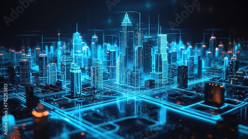 A hologram of a futuristic cityscape surrounds you as you use the IoTenhanced system to control the lighting and ambiance of your entertainment photo