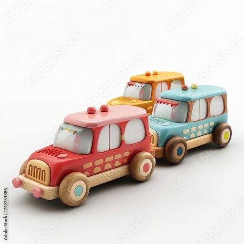 Cheerful Wooden Toy Cars  on isolated white background  Generative AI