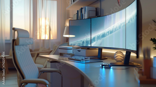 An ultra modern home office setup with the latest gadgets and technology including a curved monitor smart desk and ambient lighting The setup reflects a perfect environment for photo