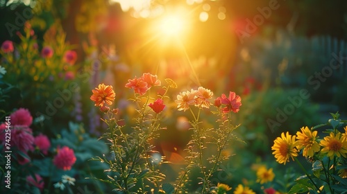 Sunset over a meticulously maintained garden landscape, casting a golden glow on vibrant flower beds. ,Gardening Concept photo