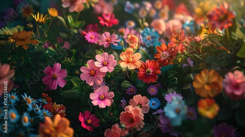 Afternoon sunlight softly illuminates flower beds, highlighting the vibrant colors and detailed textures. ,Gardening Concept
