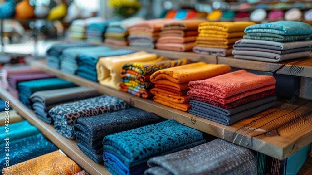 Assorted Fabrics Displayed on Retail Shelves, Variety of Patterns and Textures, Fashion and Textile Concept