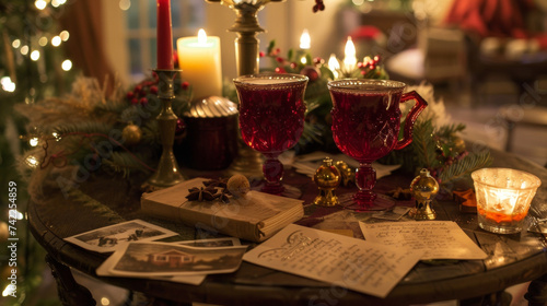 A table set for a night of caroling with songbooks jingle bells and mugs of hot mulled wine. Handwritten notes from loved ones and photographs of joyful memories adorn the photo