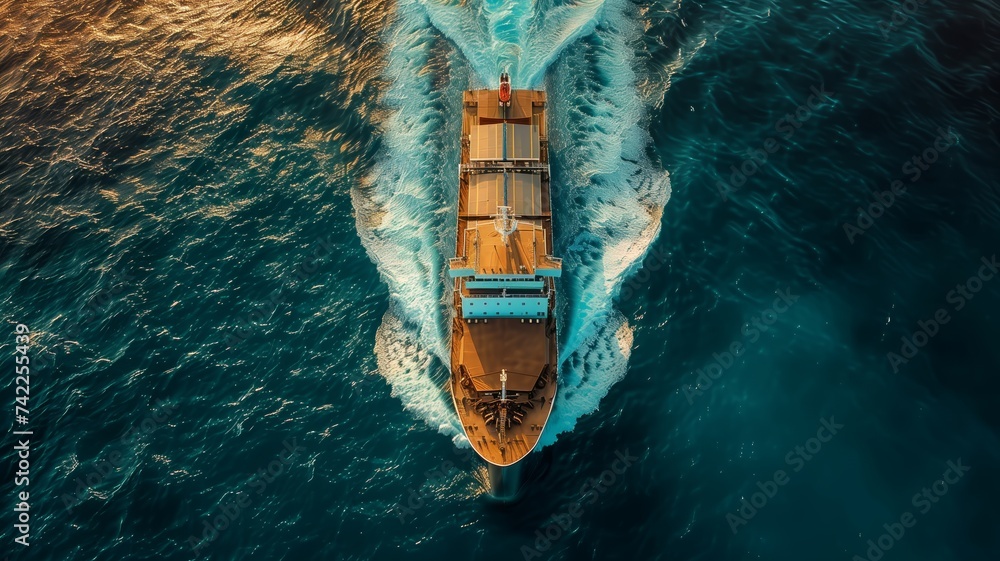 Aerial View of Cargo Ship in Ocean, Global Trade and Transportation Theme