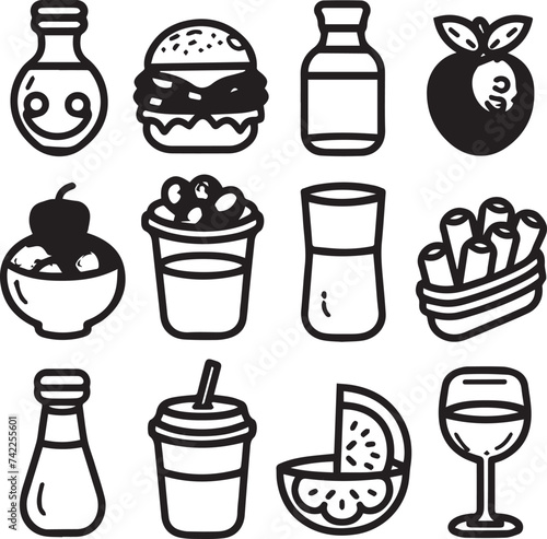 set of foods and Drinks vector icons isolated on white background