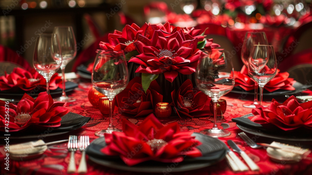 The table was adorned with intricately folded red napkins in the shape of flowers a symbol of prosperity and growth in honor of Chinese New Year.