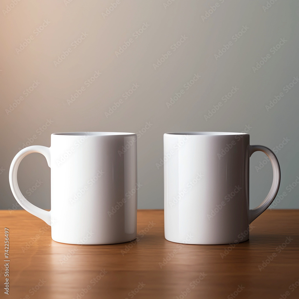 A mockup of two white blank mugs on the table, side by side, with a plain background A mockup of two white blank mugs on the table, side by side, with a plain background