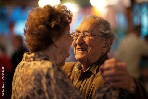 An image capturing the joyous moment of an older man and a younger woman gracefully dancing together, An elderly couple happily dancing at a party, AI Generated