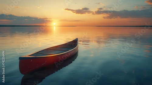 Calm sunset over a tranquil lake with a solitary red canoe reflected in the still water © Sariyono